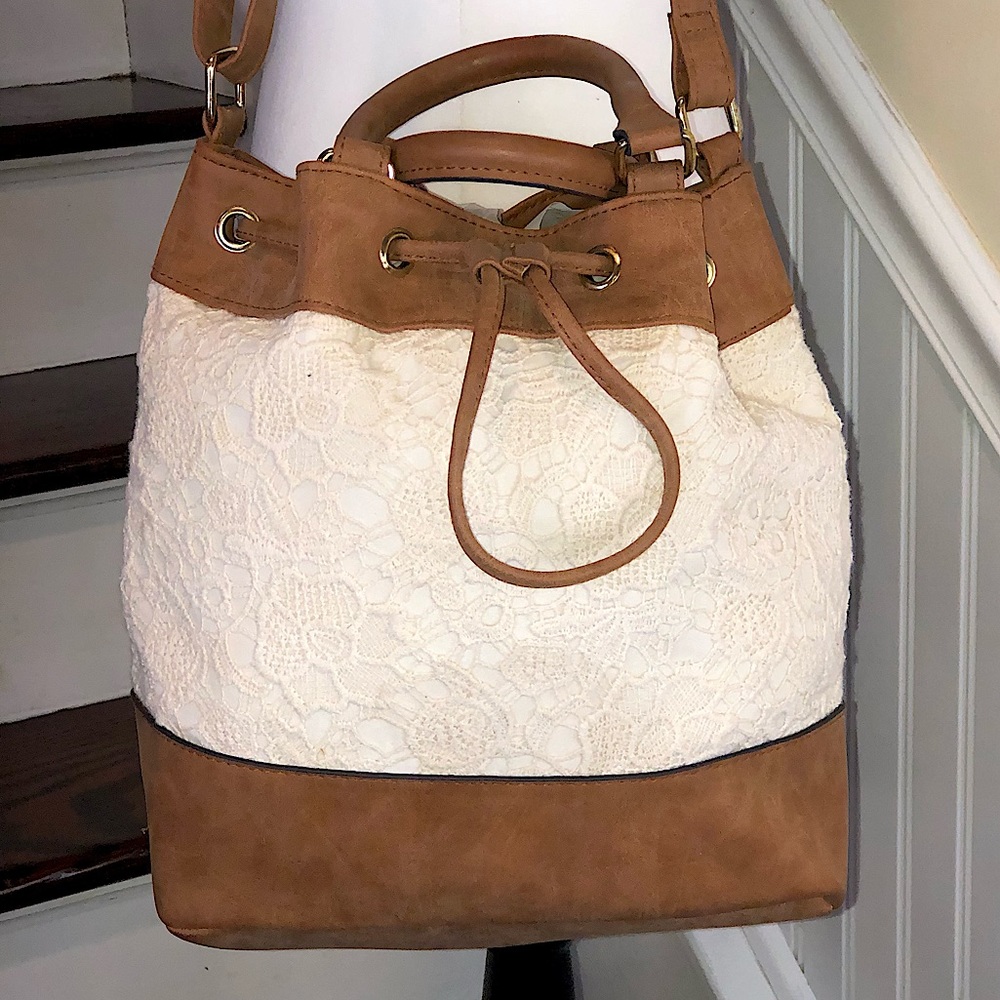 Ivory Embroidered Crochet Bucket Bag Brown Faux Leather Trim Crossbody Strap